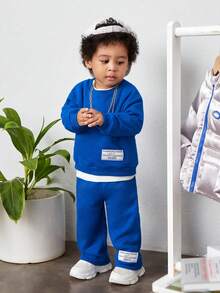 SHEIN 男嬰標語圖案落肩袖衛衣和衛褲 - 寶藍色 - 查看 7