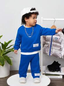 SHEIN 男嬰標語圖案落肩袖衛衣和衛褲 - 寶藍色 - 查看 9