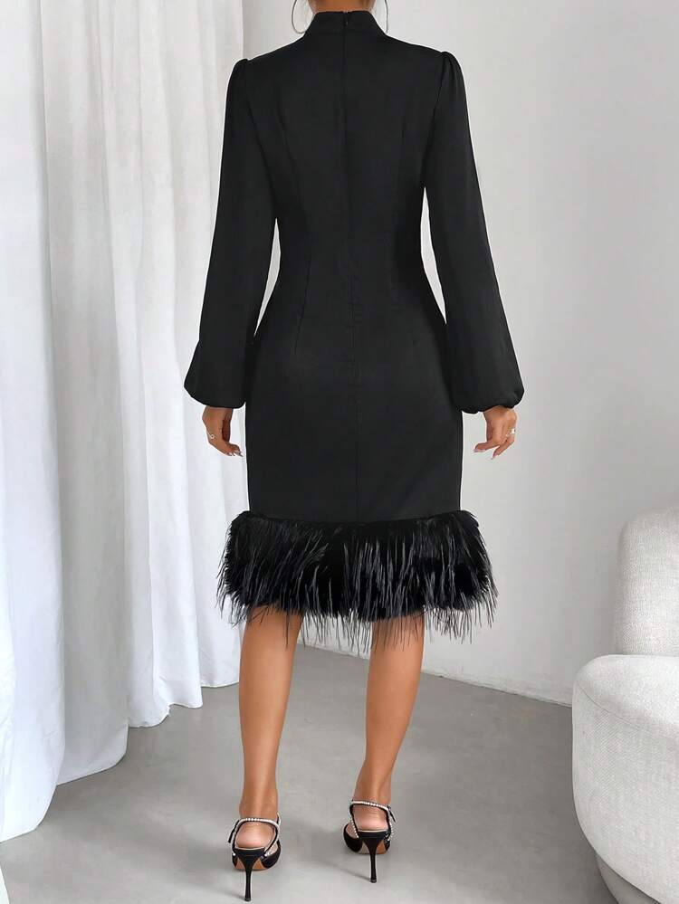Twist Front Fuzzy Trim Lantern Sleeve Dress Fall Cloth For Women