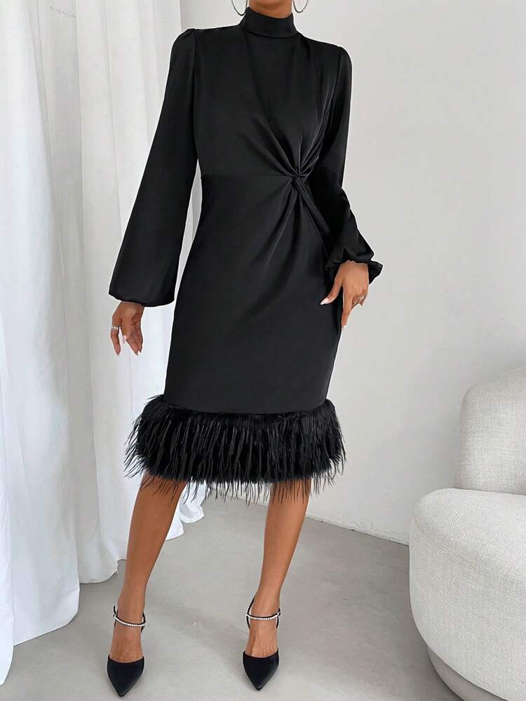 Twist Front Fuzzy Trim Lantern Sleeve Dress Fall Cloth For Women