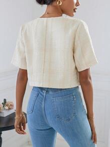 SHEIN Essnce 翻蓋細節前紐扣花呢外套 - 米色 - 查看 2