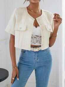 SHEIN Essnce 翻蓋細節前紐扣花呢外套 - 米色 - 查看 4