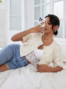SHEIN Essnce 翻蓋細節前紐扣花呢外套 - 米色 - 查看 6