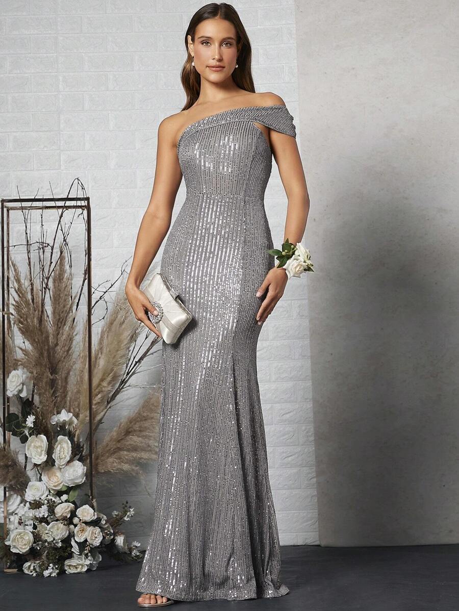 SHEIN Belle 單肩魚尾裙下擺亮片洋裝 - 銀色 - 查看 1