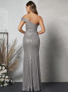 SHEIN Belle 單肩魚尾裙下擺亮片洋裝 - 銀色 - 查看 2