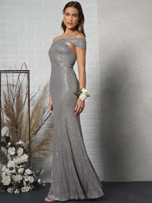 SHEIN Belle 單肩魚尾裙下擺亮片洋裝 - 銀色 - 查看 3