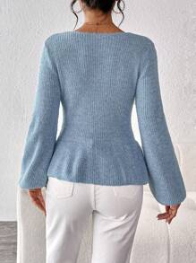 Chiquease Twist Front Lantern Sleeve Peplum Sweater,Long Sleeve Tops Knit Pullover Fall Winter Sweater - Blue - View 2
