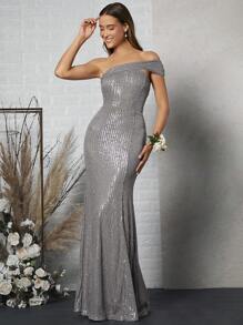 SHEIN Belle 單肩魚尾裙下擺亮片洋裝 - 銀色 - 查看 4