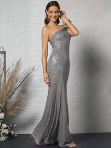 SHEIN Belle 單肩魚尾裙下擺亮片洋裝 - 銀色 - 查看 5