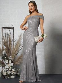 SHEIN Belle 單肩魚尾裙下擺亮片洋裝 - 銀色 - 查看 7