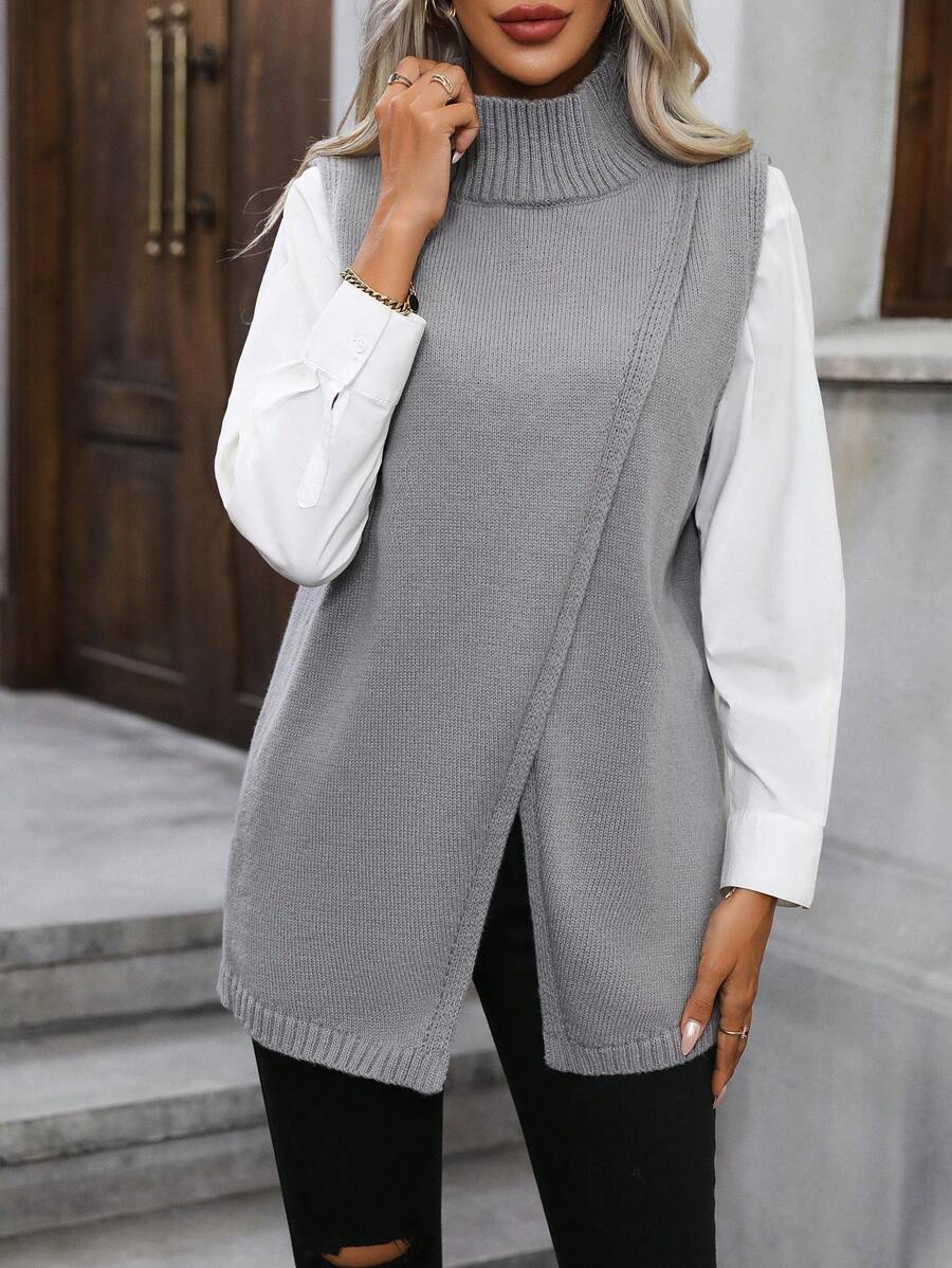 SHEIN Privé Turtleneck Wrap Front Sweater Vest Without Blouse - Grey - View 1