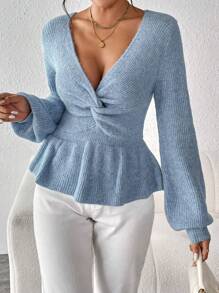 Chiquease Twist Front Lantern Sleeve Peplum Sweater,Long Sleeve Tops Knit Pullover Fall Winter Sweater - Blue - View 5