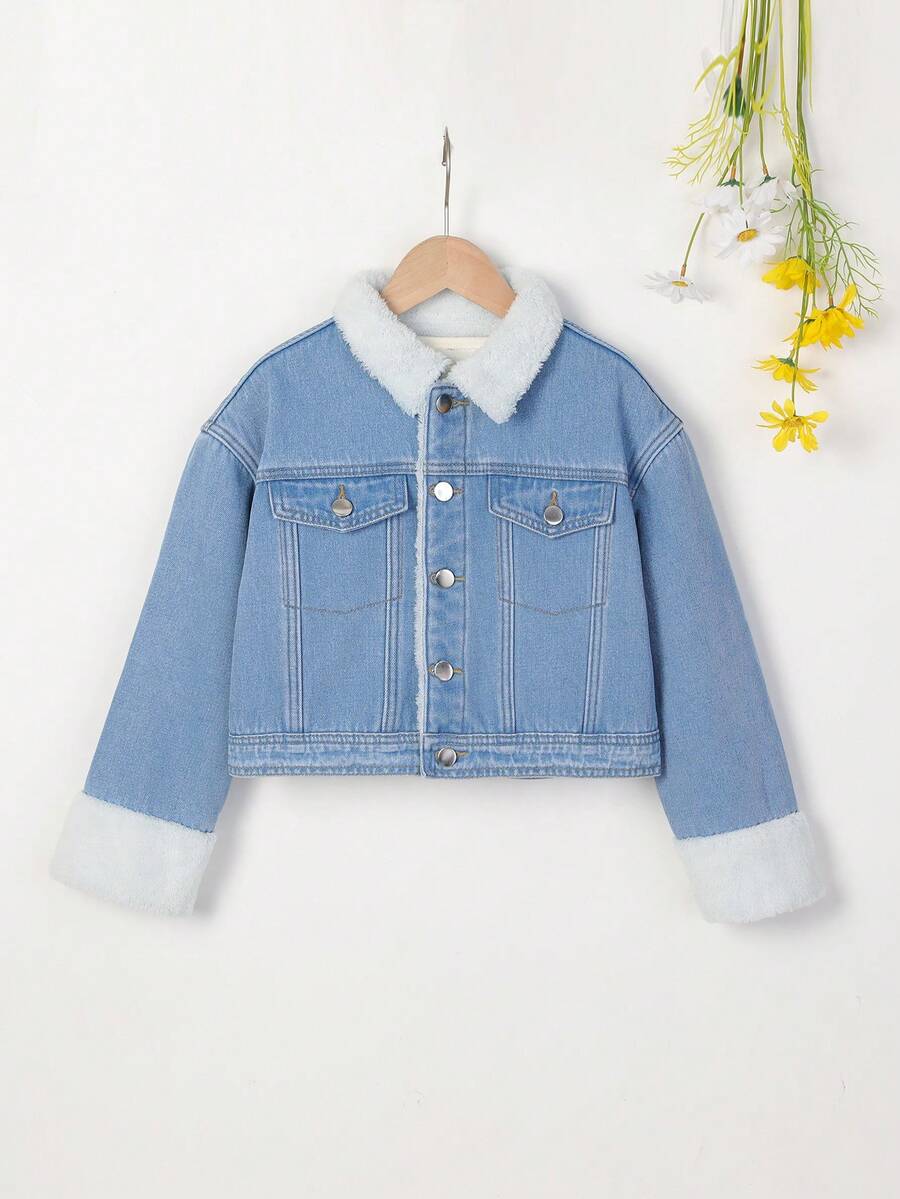 Tween Girl Borg Collar Teddy Lined Denim Jacket - Medium Wash - View 1