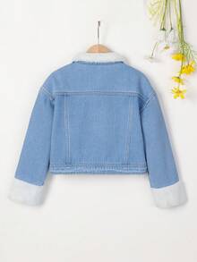Tween Girl Borg Collar Teddy Lined Denim Jacket - Medium Wash - View 2