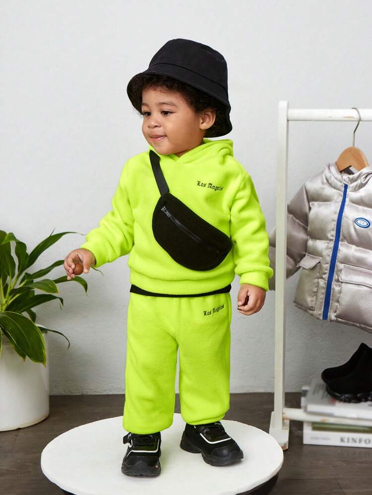 3pcs Set: Unisex Baby Letter Embroidered Hoodie Sweatshirt, Jogger Pants & Crossbody Bag, Thicken Winter