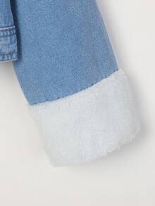 Tween Girl Borg Collar Teddy Lined Denim Jacket - Medium Wash - View 3