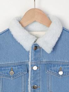 Tween Girl Borg Collar Teddy Lined Denim Jacket - Medium Wash - View 4