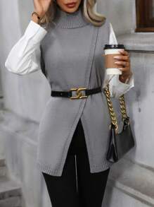 SHEIN Privé Turtleneck Wrap Front Sweater Vest Without Blouse - Grey - View 6