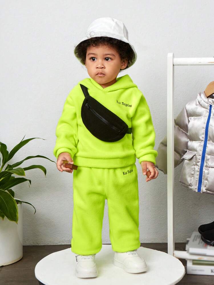 3pcs Set: Unisex Baby Letter Embroidered Hoodie Sweatshirt, Jogger Pants & Crossbody Bag, Thicken Winter