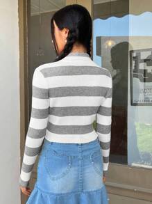 SHEIN EZwear Striped Pattern Zip Up Crop Cardigan - Grey - View 2