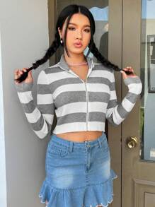 SHEIN EZwear Striped Pattern Zip Up Crop Cardigan - Grey - View 3