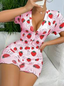 草莓圖案前紐扣木耳邊連體睡衣 - 淺粉色 - 查看 1