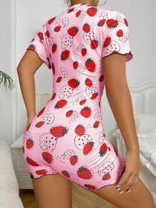 草莓圖案前紐扣木耳邊連體睡衣 - 淺粉色 - 查看 2