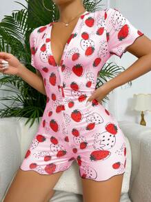 草莓圖案前紐扣木耳邊連體睡衣 - 淺粉色 - 查看 3