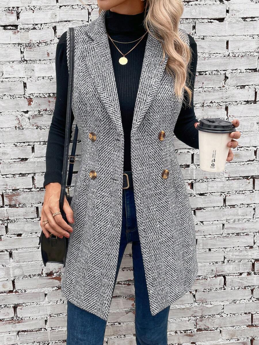 SHEIN Clasi Double Breasted Vest Coat - Grey - View 1