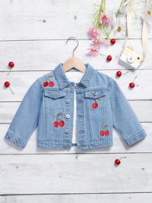 Young Girl 1pc Cherry Embroidery Flap Detail Denim Jacket - Medium Wash - View 1