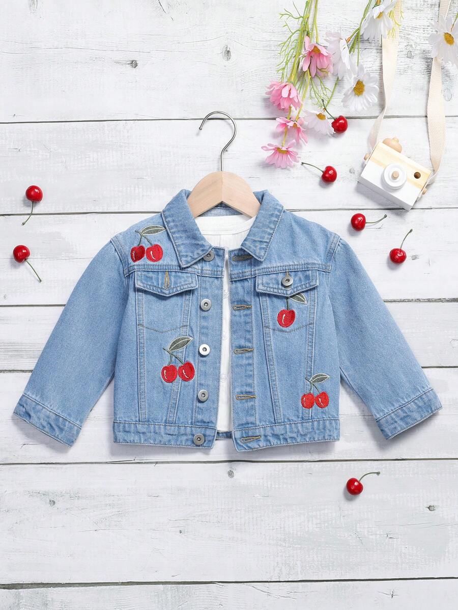 Young Girl 1pc Cherry Embroidery Flap Detail Denim Jacket - Medium Wash - View 1