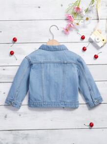Young Girl 1pc Cherry Embroidery Flap Detail Denim Jacket - Medium Wash - View 2
