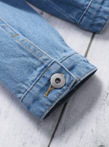 Young Girl 1pc Cherry Embroidery Flap Detail Denim Jacket - Medium Wash - View 3