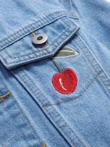 Young Girl 1pc Cherry Embroidery Flap Detail Denim Jacket - Medium Wash - View 5