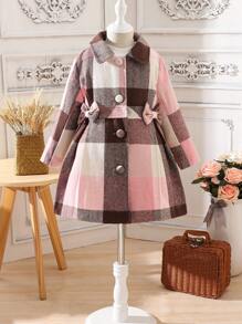 SHEIN Young Girl 1pc Plaid Print Bow Front Overcoat - Multicolor - View 1