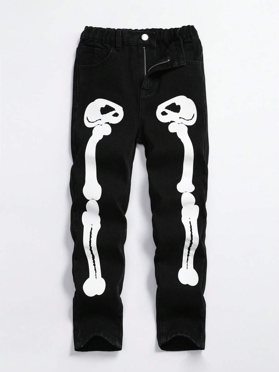 Tween Boy Halloween Skeleton Print Jeans - Black - View 1