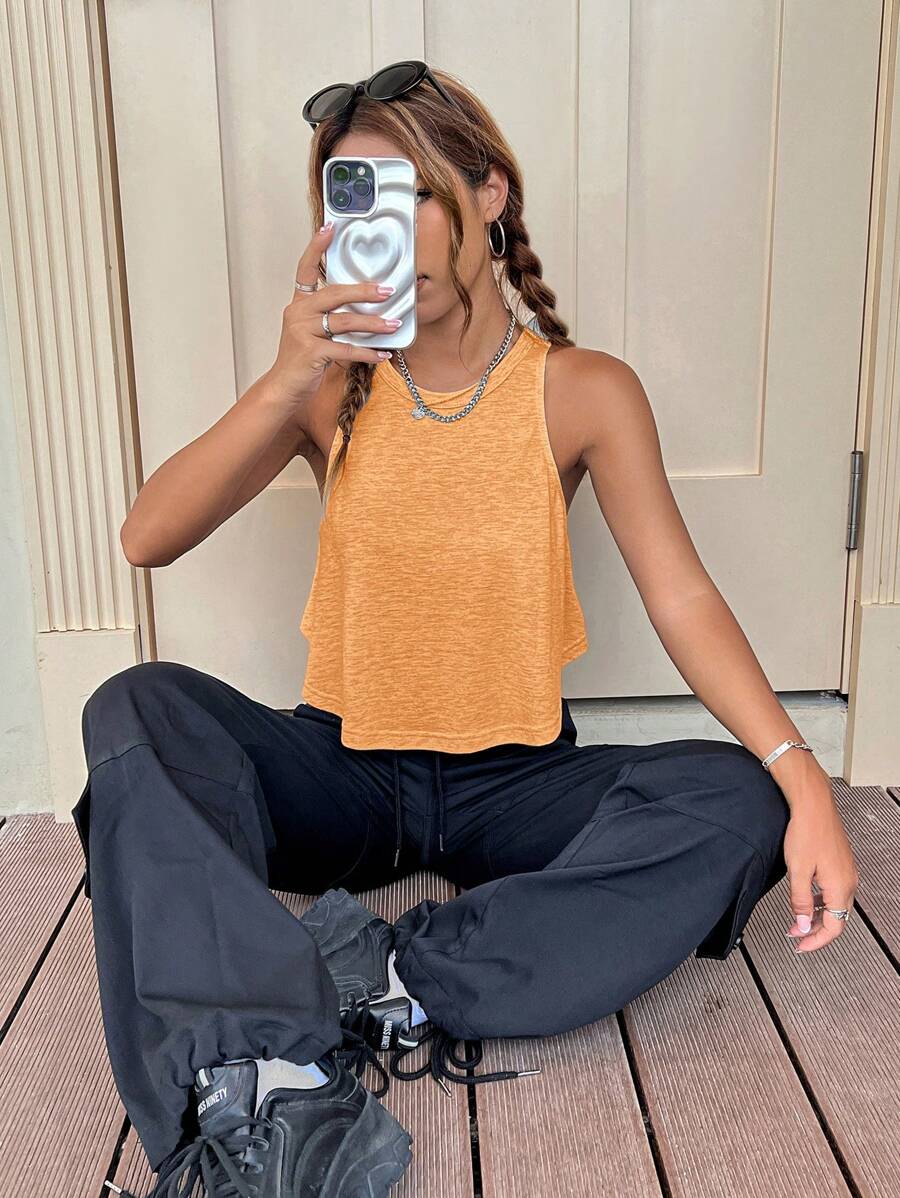 SHEIN EZwear Chất rắn Curved Hem Áo ba lỗ - trái cam - Xem 1