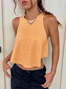 SHEIN EZwear Chất rắn Curved Hem Áo ba lỗ - trái cam - Xem 3