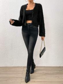 Firerie Drop Shoulder Open Front Fuzzy Cropped Cardigan,Long Sleeve Tops,Knitted Sweater In Fall/Winter - Black - View 3