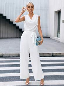 SHEIN Privé Draped Collar Belted Wide Leg Jumpsuit - White - View 1
