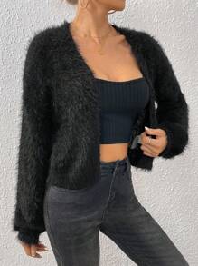 Firerie Drop Shoulder Open Front Fuzzy Cropped Cardigan,Long Sleeve Tops,Knitted Sweater In Fall/Winter - Black - View 4