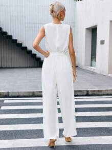 SHEIN Privé Draped Collar Belted Wide Leg Jumpsuit - White - View 2