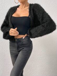 Firerie Drop Shoulder Open Front Fuzzy Cropped Cardigan,Long Sleeve Tops,Knitted Sweater In Fall/Winter - Black - View 5