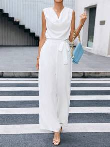 SHEIN Privé Draped Collar Belted Wide Leg Jumpsuit - White - View 4