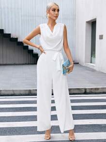 SHEIN Privé Draped Collar Belted Wide Leg Jumpsuit - White - View 5