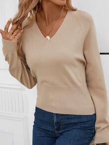 SHEIN Clasi 凸花蕾絲貼花露背插肩袖套頭毛衣 - 杏色 - 查看 6