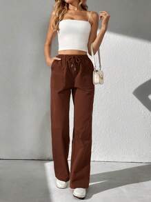 SHEIN Tall Drawstring Waist Slant Pocket Pants - Coffee Brown - View 1