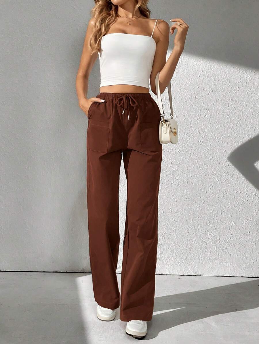 SHEIN Tall Drawstring Waist Slant Pocket Pants - Coffee Brown - View 1
