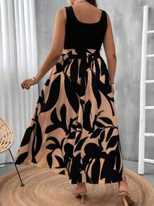 SHEIN Clasi Đầm dài thắt lưng họa tiết tương phản cỡ lớn - Cà phê nâu - Xem 2