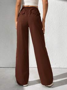 SHEIN Tall Drawstring Waist Slant Pocket Pants - Coffee Brown - View 2